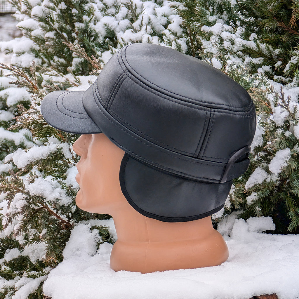Cadet Cap in Genuine Leather, Black