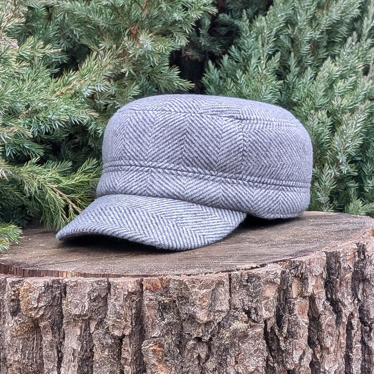 Cadet Cap in Tweed, Gray Herringbone