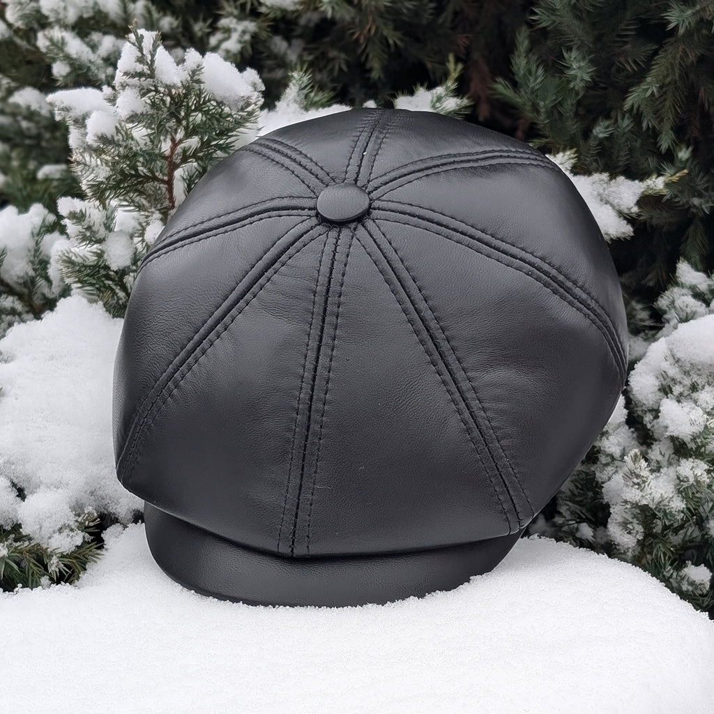 Black Genuine Leather Newsboy Cap