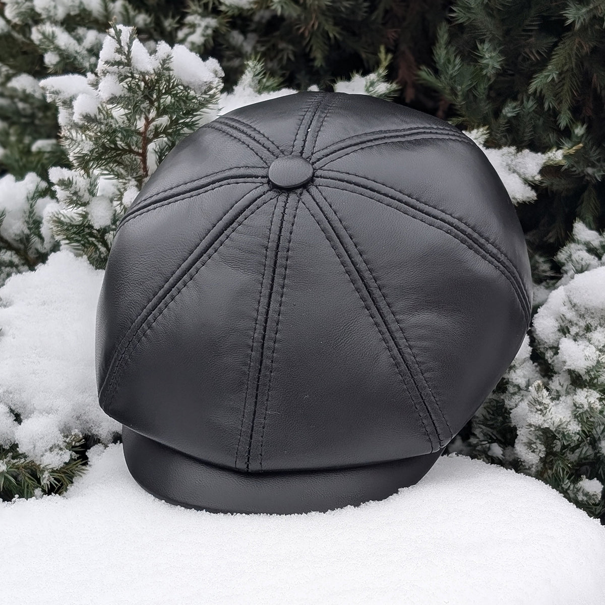 Black Genuine Leather Newsboy Cap