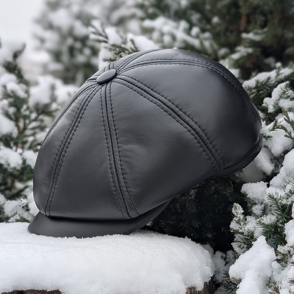 Black Genuine Leather Newsboy Cap