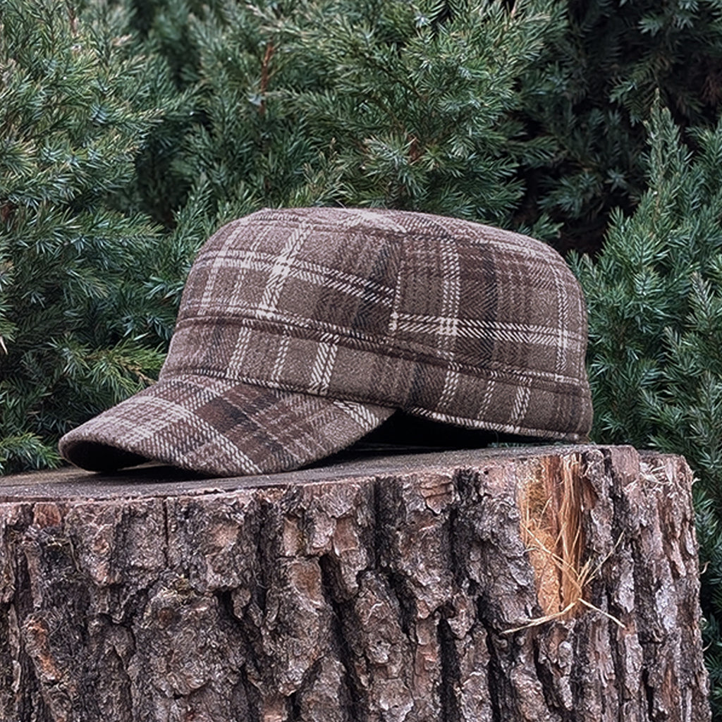 Cadet Cap in Tweed, Brown Plaid