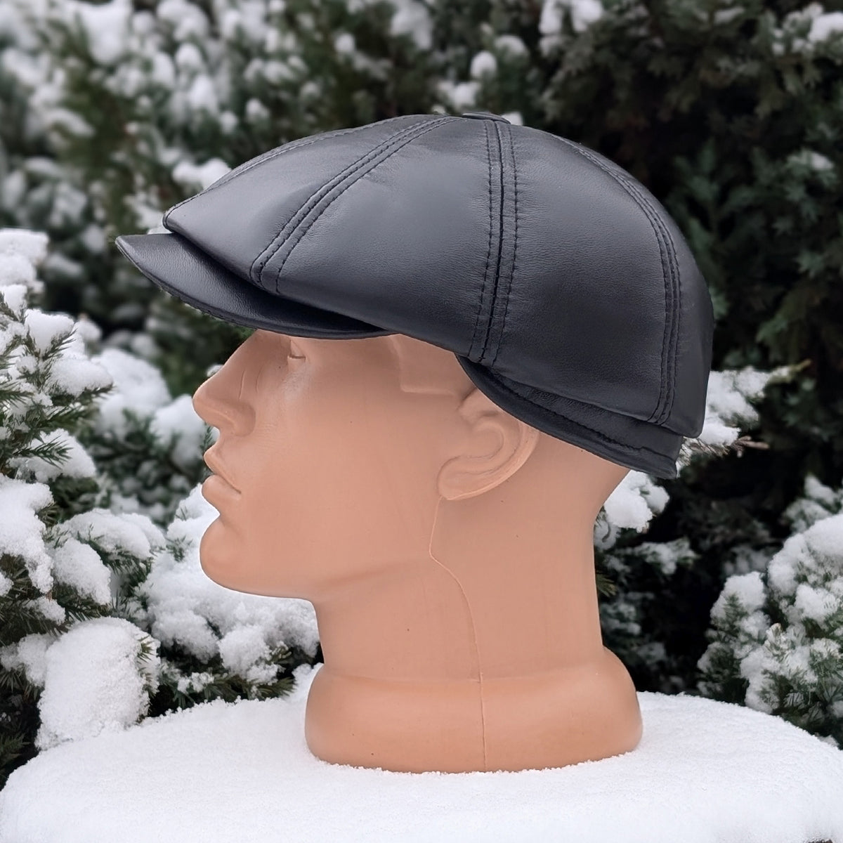 Black Genuine Leather Newsboy Cap