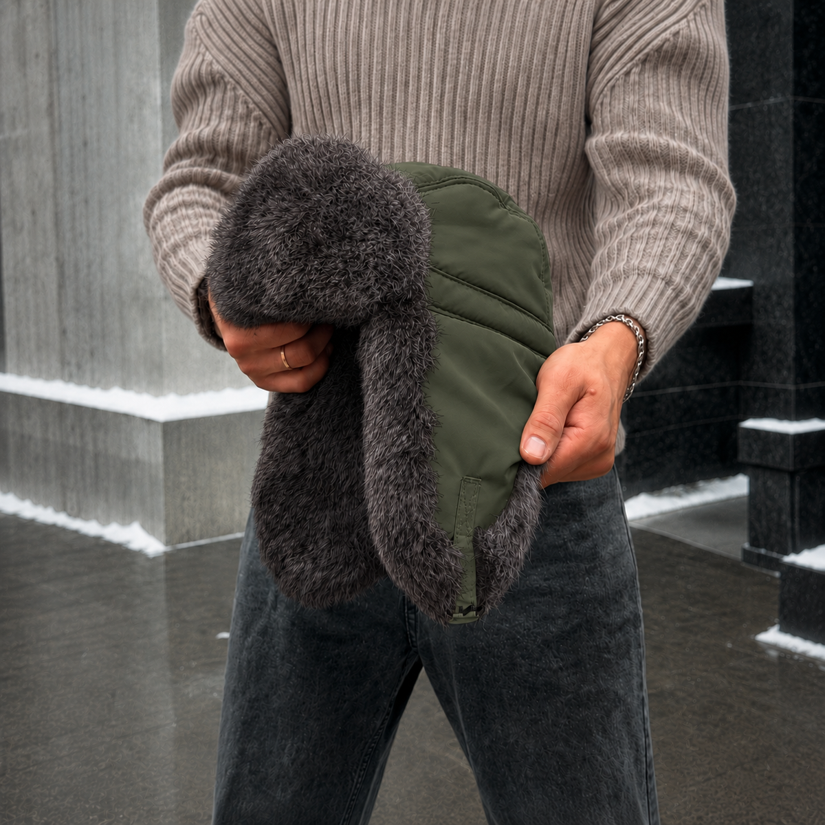 Rabbit Fur Ushanka Hat — Olive