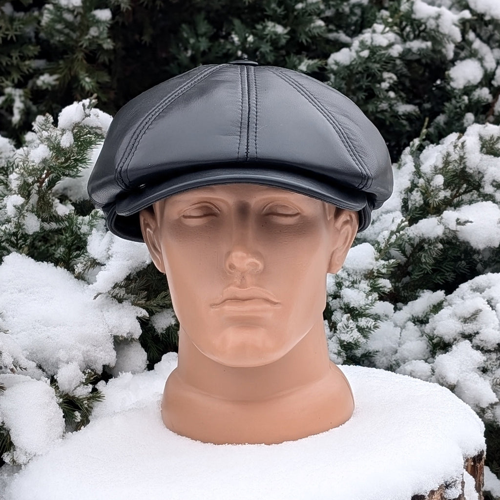 Black Genuine Leather Newsboy Cap