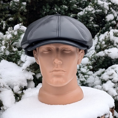 Black Genuine Leather Newsboy Cap