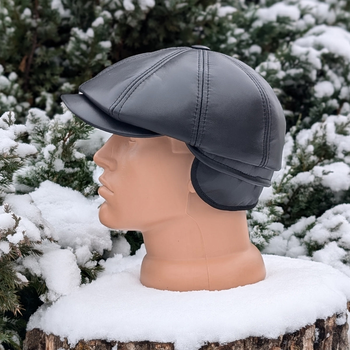 Black Genuine Leather Newsboy Cap
