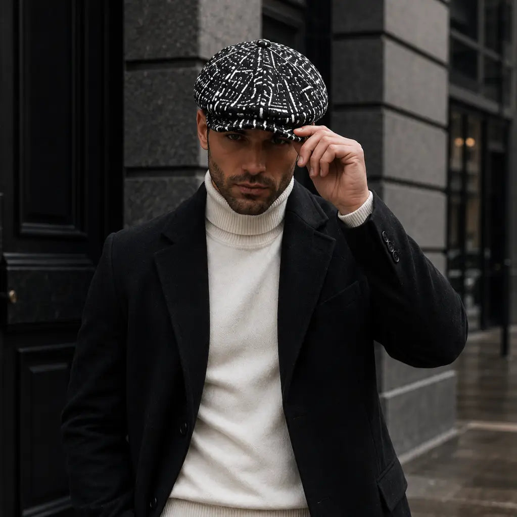 Black & White Bouclé Newsboy Cap