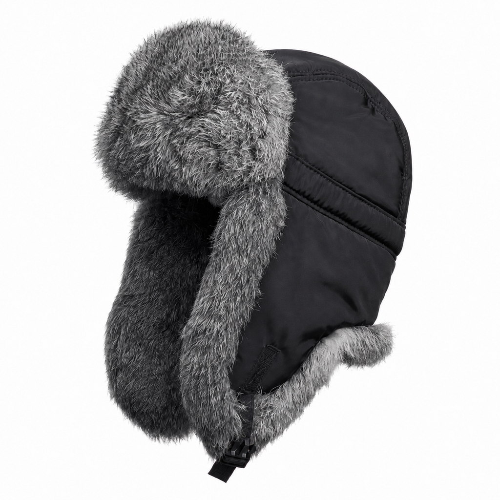 Rabbit Fur Ushanka Hat — Black