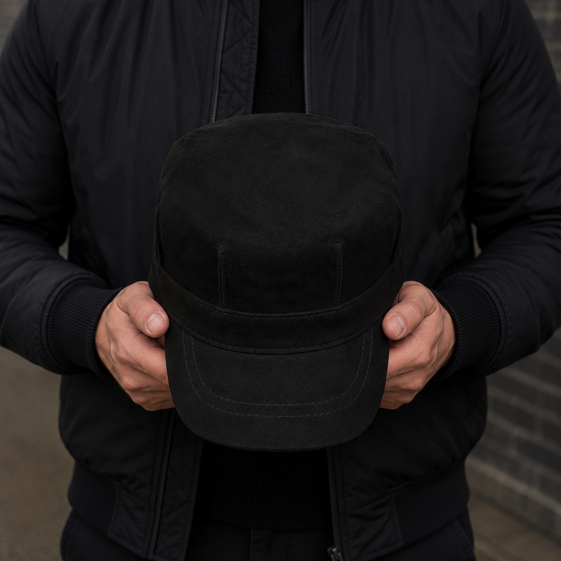 Cadet Cap in Genuine Suede, Black